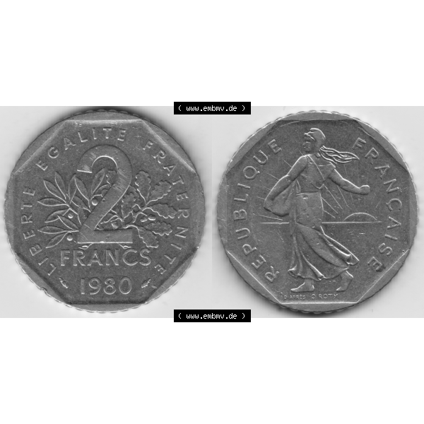 Grau bzw. s/w Münze Frankreich Umlaufmünzen Sammlung in PNG 1979-2001, 2 Francs Säerin Semeuse (3) - Digitales Münzen-Bildmaterial einer französischen Francs Münze aus Frankreich... Sammlung Graustufen
