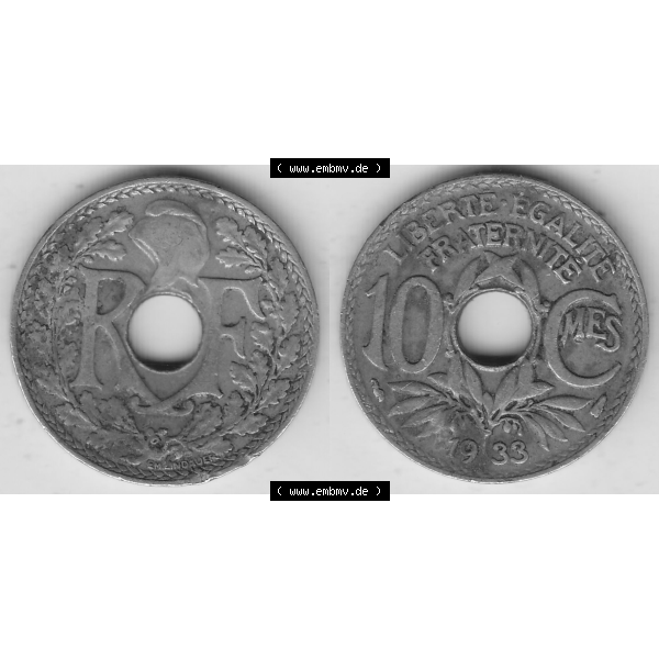 Grau bzw. s/w Münze Frankreich Umlaufmünzen Sammlung in PNG 1917-1938, 10 Centimes, 10 CMES EGALITÉ FRATERNITÉ LIBERTÉ 1933-1 (3) - Digitales Münzen-Bildmaterial... Sammlung Graustufen