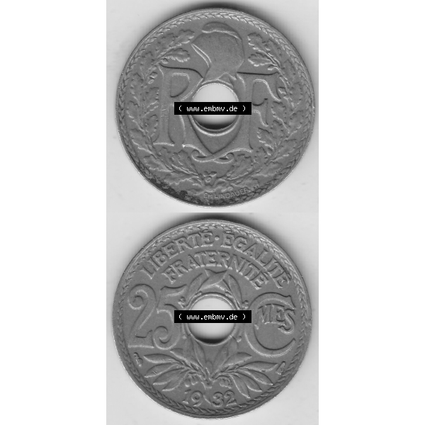 Grau bzw. s/w Münze Frankreich Umlaufmünzen Sammlung in PNG 1917-1937, 25 Cmes, Centimes 1932-1 LIBERTE EGALITE FRATERNITE (4) - Digitales Münzen-Bildmaterial einer französischen... Sammlung Graustufen