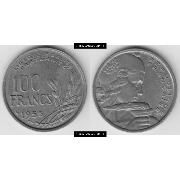 Grau bzw. s/w Münze Frankreich Umlaufmünzen Sammlung in PNG 1954-1958, 100 Francs, Franken Typ II 1955 (3) - Digitales Münzen-Bildmaterial einer französischen Francs Münze... Sammlung Graustufen
