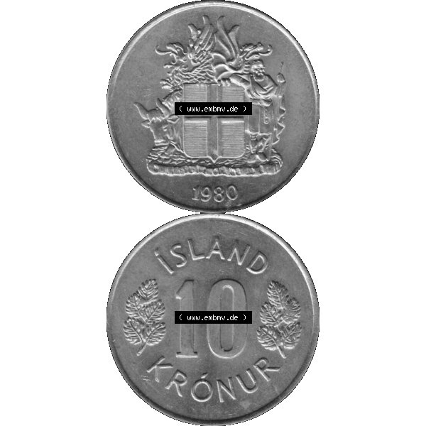 Grau bzw. s/w Alte Münze Island Umlaufmünze 1967-1980, 10 Kronur, Kronen 1980-01. Vorderseite und Rückseite der Münze, Umlaufmünze / Kursmünze Island vertikal... Sammlung Graustufen