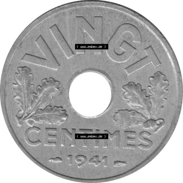 Grau bzw. s/w Münze Frankreich Umlaufmünzen Sammlung in PNG 1941-1941, VINGT 20 Centimes, Cent-01 (5) - Digitales Münzen-Bildmaterial einer französischen Francs Münze aus... Sammlung Graustufen