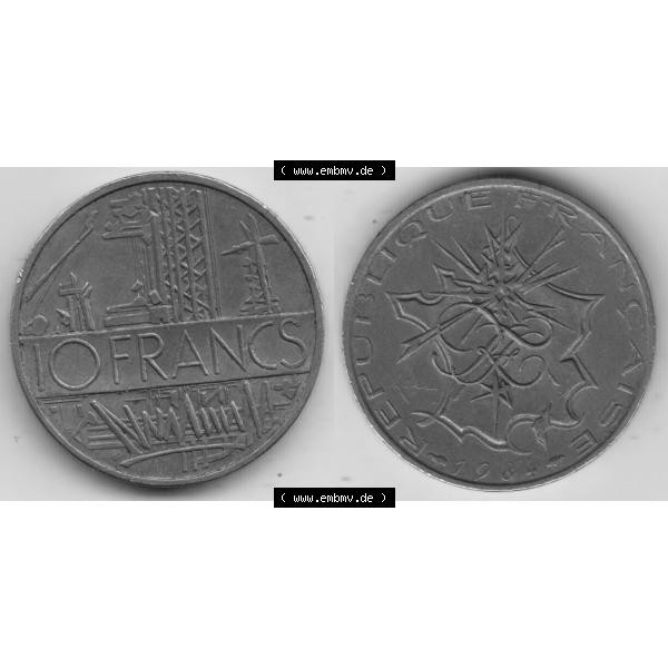 Grau bzw. s/w Münze Frankreich Umlaufmünzen Sammlung in PNG 1974-1987, 10 Franken-Francs 1984 (3) - Digitales Münzen-Bildmaterial einer französischen Francs Münze aus Frankreich... Sammlung Graustufen