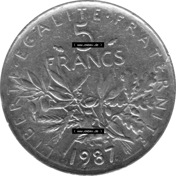 Grau bzw. s/w Münze Frankreich Umlaufmünzen Sammlung in PNG 1970-2001, 5 Francs Liberte Egalite Fraternite 1987-01 (5) - Digitales Münzen-Bildmaterial einer französischen Francs Münze... Sammlung Graustufen