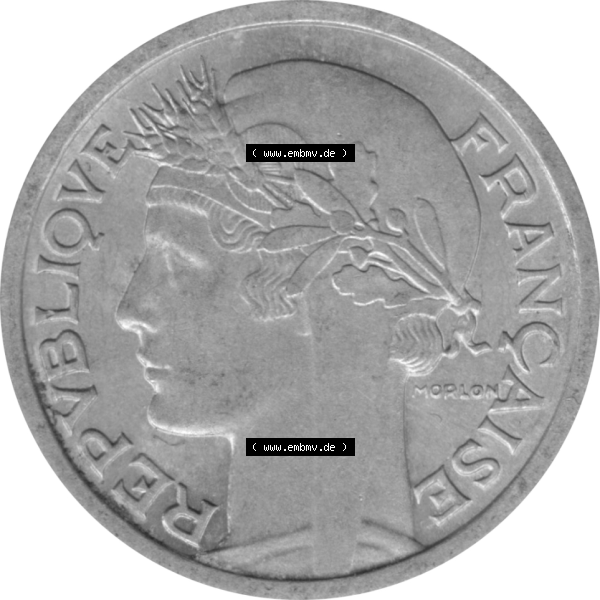 Grau bzw. s/w Münze Frankreich Umlaufmünzen Sammlung in PNG 1941-1959, 1 Francs, Franken 1958-01 (6) - Digitales Münzen-Bildmaterial einer französischen Francs Münze aus... Sammlung Graustufen
