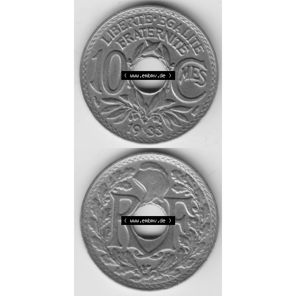 Grau bzw. s/w Münze Frankreich Umlaufmünzen Sammlung in PNG 1917-1938, 10 Centimes, Cent 1933 (4) - Digitales Münzen-Bildmaterial einer französischen Francs Münze aus Frankreich... Sammlung Graustufen