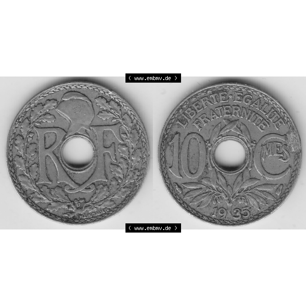 Grau bzw. s/w Münze Frankreich Umlaufmünzen Sammlung in PNG 1917-1938, 10 Centimes - Cmes 1935-3 (3) - Digitales Münzen-Bildmaterial einer französischen Francs Münze aus Frankreich... Sammlung Graustufen