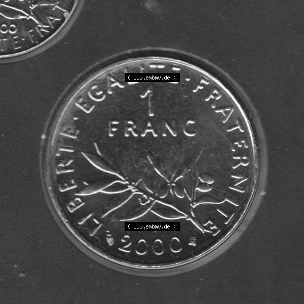 Grau bzw. s/w Münze Frankreich aus KMS Umlaufmünzen Sammlung in PNG 2000, 1 Francs (1) - Digitales Münzen-Bildmaterial einer französischen Francs Münze aus Frankreich aus KMS... Sammlung Graustufen