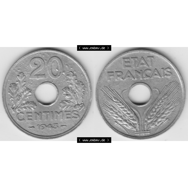 Grau bzw. s/w Münze Frankreich Umlaufmünzen Sammlung in PNG 1941-1944, 20 Centimes, Cent 1943 (3) - Digitales Münzen-Bildmaterial einer französischen Francs Münze aus Frankreich... Sammlung Graustufen