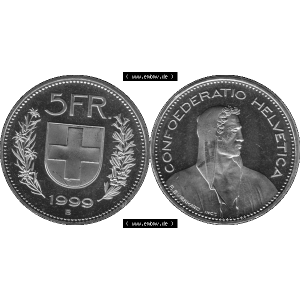 Grau bzw. s/w Alte Münze KMS Schweiz in original Farbgebung vom Scanner transparenten PNG 1994-2018, 5 Franken 1999. Erst die Rückseite Links und dann die Vorderseite Rechts der Münze aus... Sammlung Graustufen