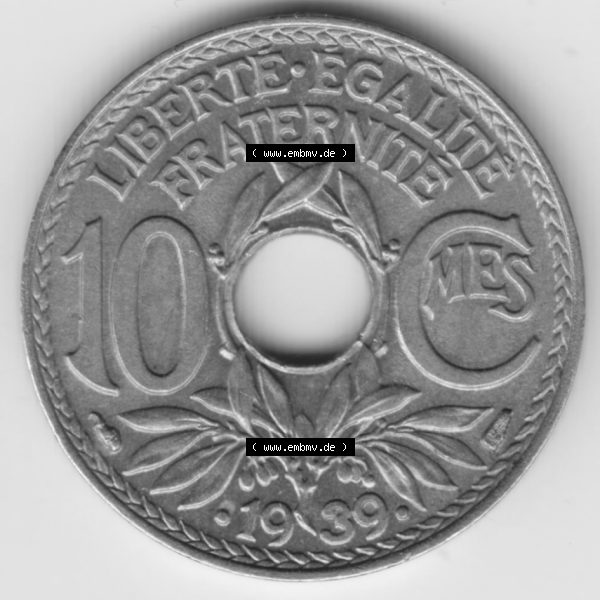 Grau bzw. s/w Münze Frankreich Umlaufmünzen Sammlung in PNG 1938-1939, 10 Centimes, Cent 1939 (1) - Digitales Münzen-Bildmaterial einer französischen Francs Münze aus Frankreich... Sammlung Graustufen