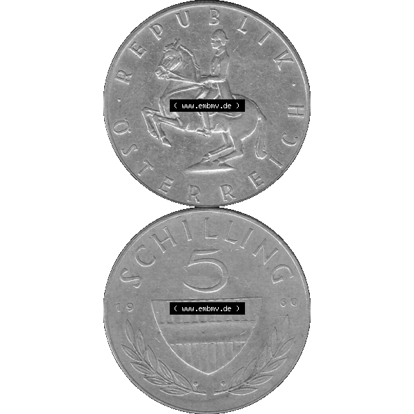 Grau bzw. s/w Alte Münze 5 / Fünf Schilling Österreich in original Farbgebung von Scanner transparenten PNG 1960-1968, 5 Fünf Schilling 1960-02, 5,20 Gramm 640er Silber,... Sammlung Graustufen