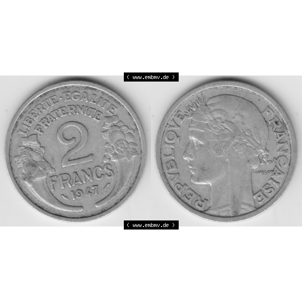 Grau bzw. s/w Münze Frankreich Umlaufmünzen Sammlung in PNG 1941-1959, 2 Francs, Franken 1947 (3) - Digitales Münzen-Bildmaterial einer französischen Francs Münze aus Frankreich... Sammlung Graustufen