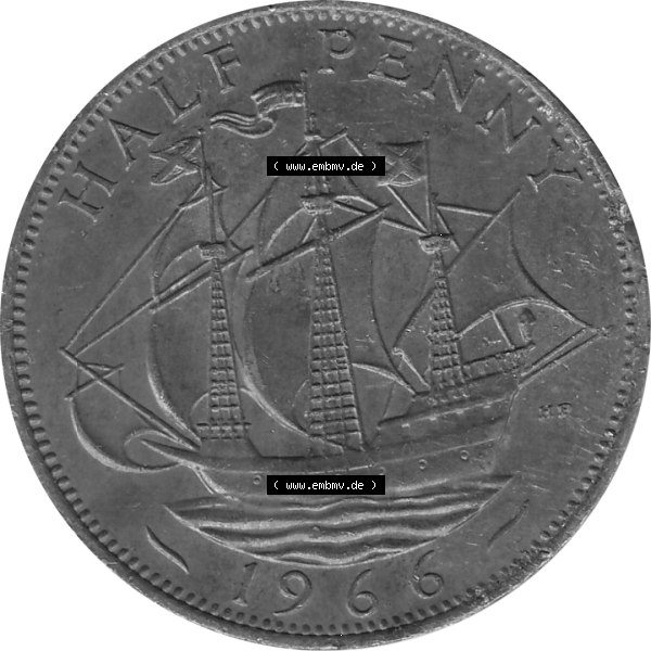Grau bzw. s/w Münzen Großbritannien Umlaufmünzen Sammlung in PNG Großbritannien 1954-1970, Half Penny, Halber Pence 1966-01, Elisabeth II. (6) - Digitales Münzen-Bildmaterial... Sammlung Graustufen
