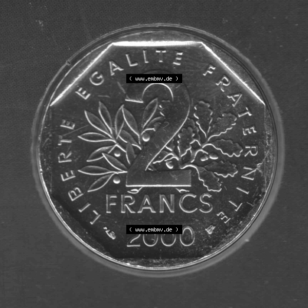 Grau bzw. s/w Münze Frankreich aus KMS Umlaufmünzen Sammlung in PNG 2000, 2 Francs (1) - Digitales Münzen-Bildmaterial einer französischen Francs Münze aus Frankreich aus KMS... Sammlung Graustufen