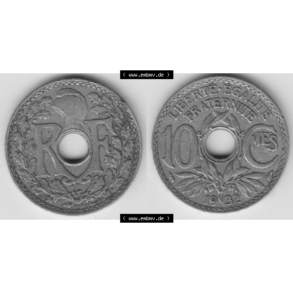 Grau bzw. s/w Münze Frankreich Umlaufmünzen Sammlung in PNG 1917-1938, 10 Centimes - Cmes 1932 (3) - Digitales Münzen-Bildmaterial einer französischen Francs Münze aus Frankreich... Sammlung Graustufen
