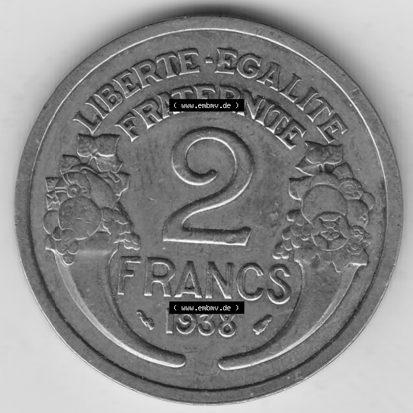 Grau bzw. s/w Münze Frankreich Umlaufmünzen Sammlung in PNG 1931-1941, 2 Franken 1938-1 LIBERTE EGALITE FRATERNITE (2) - Digitales Münzen-Bildmaterial einer französischen Francs Münze... Sammlung Graustufen