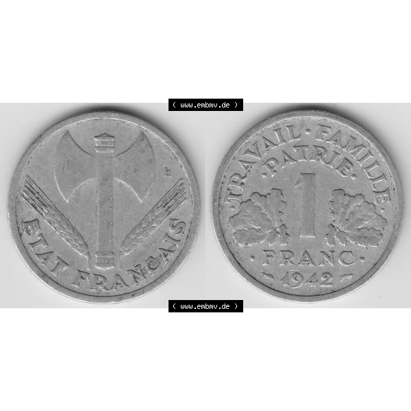 Grau bzw. s/w Münze Frankreich Umlaufmünzen Sammlung in PNG 1942-1944, 1 Franken - Francs 1942 (3) - Digitales Münzen-Bildmaterial einer französischen Francs Münze aus Frankreich... Sammlung Graustufen
