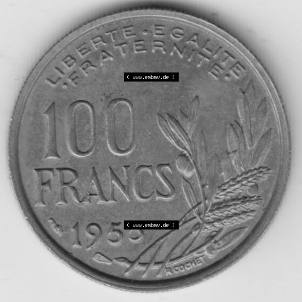 Grau bzw. s/w Münze Frankreich Umlaufmünzen Sammlung in PNG 1954-1958, 100 Francs, Franken Typ II 1955 (1) - Digitales Münzen-Bildmaterial einer französischen Francs Münze... Sammlung Graustufen