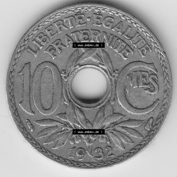 Grau bzw. s/w Münze Frankreich Umlaufmünzen Sammlung in PNG 1917-1938, 10 Centimes - Cmes 1932 (2) - Digitales Münzen-Bildmaterial einer französischen Francs Münze aus Frankreich... Sammlung Graustufen