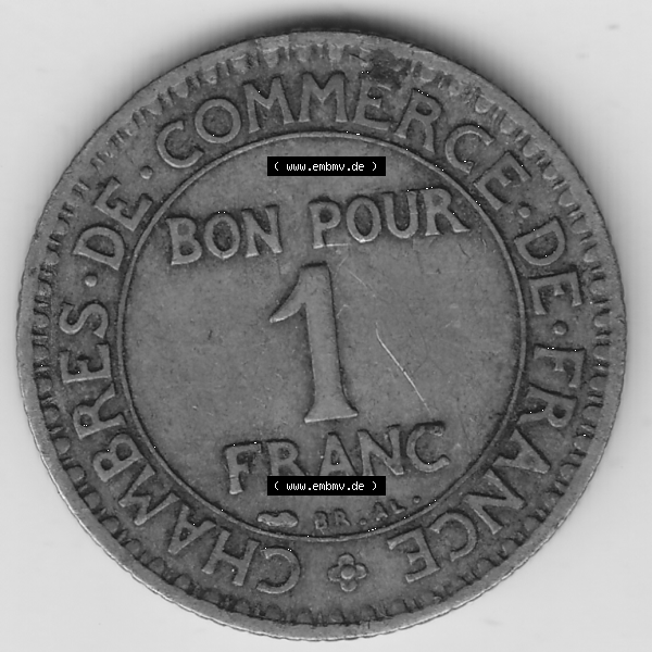 Grau bzw. s/w Münze Frankreich Umlaufmünzen Sammlung in PNG 1920-1927, 1 Franken BON POUR 1 FRANC 1924-2 (2) - Digitales Münzen-Bildmaterial einer französischen Francs Münze... Sammlung Graustufen