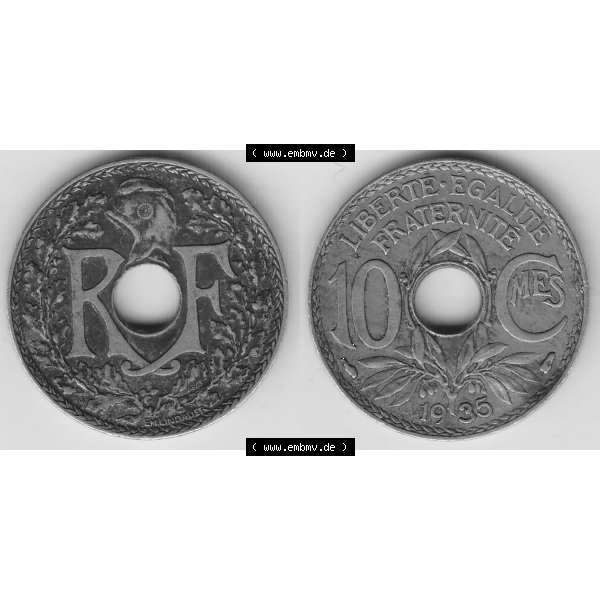 Grau bzw. s/w Münze Frankreich Umlaufmünzen Sammlung in PNG 1917-1938, 10 Centimes - Cmes 1935-1 (3) - Digitales Münzen-Bildmaterial einer französischen Francs Münze aus Frankreich... Sammlung Graustufen