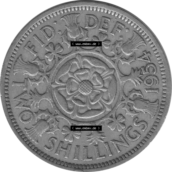 Grau bzw. s/w Münzen Großbritannien Umlaufmünzen Sammlung in PNG Großbritannien 1954-1970, 2 Schilling-Florin, Two Shillings, 1954-01 ELIZABETH II DEI GRATIA REGINA (6)... Sammlung Graustufen