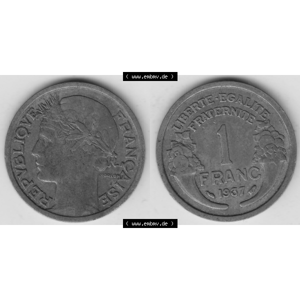 Grau bzw. s/w Münze Frankreich Umlaufmünzen Sammlung in PNG 1931-1941, 1 Franken, 1 Franc, 1937-1 LIBERTE EGALITE FRATERNITE (3) - Digitales Münzen-Bildmaterial einer französischen... Sammlung Graustufen