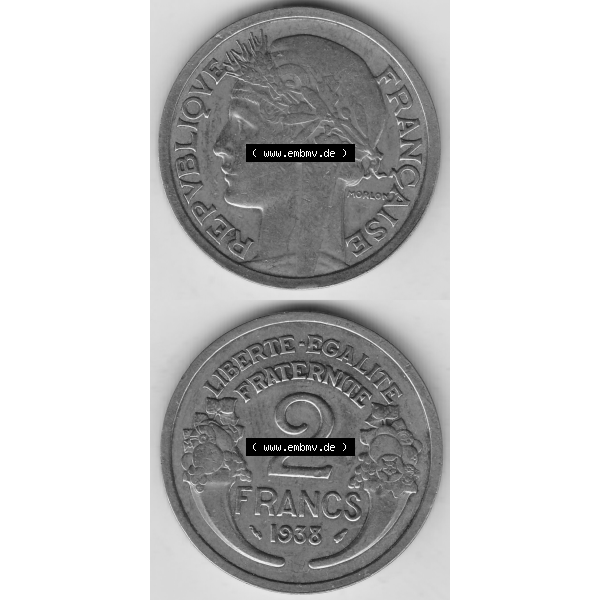 Grau bzw. s/w Münze Frankreich Umlaufmünzen Sammlung in PNG 1931-1941, 2 Franken 1938-1 LIBERTE EGALITE FRATERNITE (4) - Digitales Münzen-Bildmaterial einer französischen Francs Münze... Sammlung Graustufen