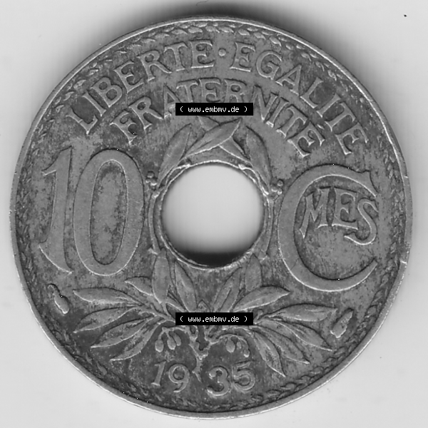 Grau bzw. s/w Münze Frankreich Umlaufmünzen Sammlung in PNG 1917-1938, 10 Centimes - Cmes 1935-4 (2) - Digitales Münzen-Bildmaterial einer französischen Francs Münze aus Frankreich... Sammlung Graustufen