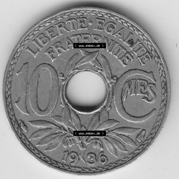 Grau bzw. s/w Münze Frankreich Umlaufmünzen Sammlung in PNG 1917-1938, 10 Centimes - Cmes 1936 (2) - Digitales Münzen-Bildmaterial einer französischen Francs Münze aus Frankreich... Sammlung Graustufen