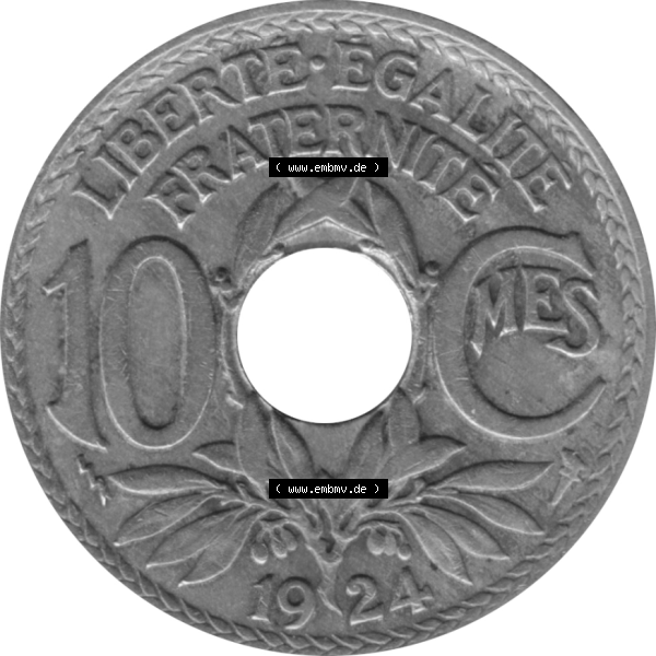 Grau bzw. s/w Münze Frankreich Umlaufmünzen Sammlung in PNG 1917-1938, 10 Centimes, Cent 1924-01 (5) - Digitales Münzen-Bildmaterial einer französischen Francs Münze aus... Sammlung Graustufen