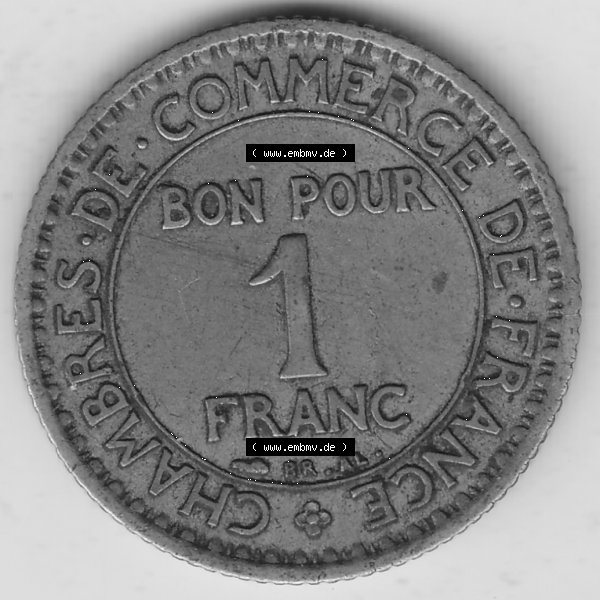 Grau bzw. s/w Münze Frankreich Umlaufmünzen Sammlung in PNG 1922-1927, 1 Franken, BON POUR One Franc, 1922-2 CHAMBRES DE COMMERCE DE FRANCE (2) - Digitales Münzen-Bildmaterial... Sammlung Graustufen