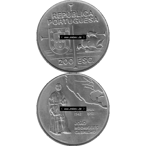 Grau bzw. s/w Alte Gedenkmünze aus Portugal als PNG-Grafik 1992, 200 Escudos, California 1542, Joao Rodrigues Cabrilho. Vorderseite und Rückseite vertikal - untereinander auf einen... Sammlung Graustufen