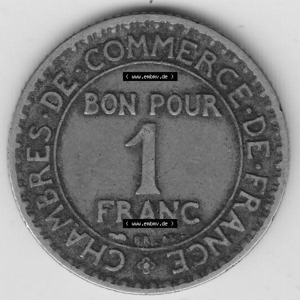 Grau bzw. s/w Münze Frankreich Umlaufmünzen Sammlung in PNG 1920-1927, 1 Franken BON POUR 1 FRANC 1925 (2) - Digitales Münzen-Bildmaterial einer französischen Francs Münze aus... Sammlung Graustufen