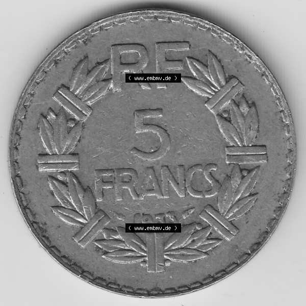 Grau bzw. s/w Münze Frankreich Umlaufmünzen Sammlung in PNG 1933-1938, 5 Franken - Francs RF 1933 (2) - Digitales Münzen-Bildmaterial einer französischen Francs Münze aus Frankreich... Sammlung Graustufen