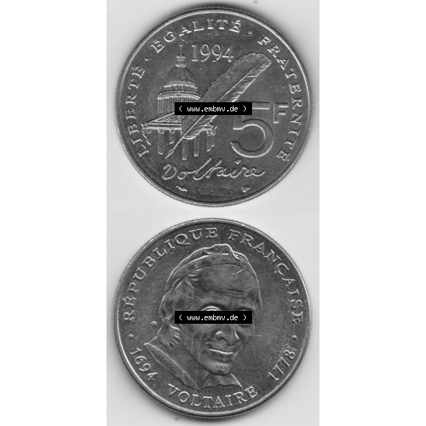 Grau bzw. s/w Münze Frankreich Umlaufmünzen Sammlung in PNG 1994-1994, 5 Francs Liberte Egalite Fraternite (4) - Digitales Münzen-Bildmaterial einer französischen Francs Münze... Sammlung Graustufen