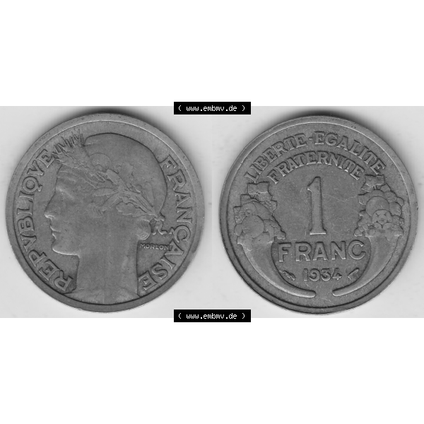 Grau bzw. s/w Münze Frankreich Umlaufmünzen Sammlung in PNG 1931-1941, 1 Franken, 1 Franc, 1934-1 LIBERTE EGALITE FRATERNITE (3) - Digitales Münzen-Bildmaterial einer französischen... Sammlung Graustufen