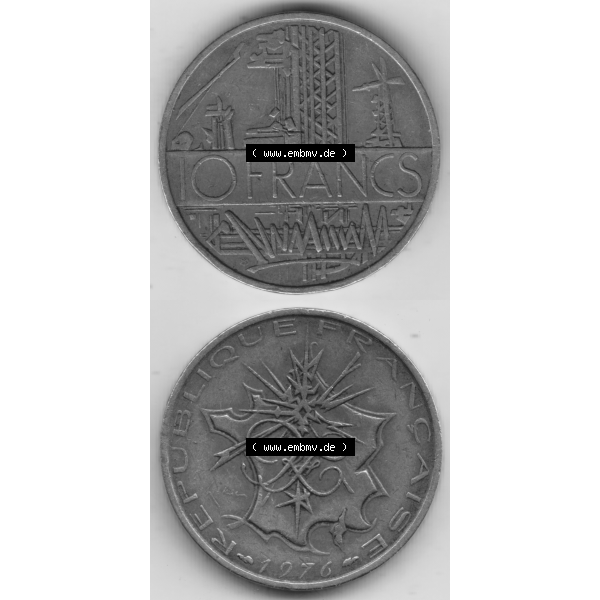 Grau bzw. s/w Münze Frankreich Umlaufmünzen Sammlung in PNG 1974-1987, 10 Franken-Francs 1976 (4) - Digitales Münzen-Bildmaterial einer französischen Francs Münze aus Frankreich... Sammlung Graustufen