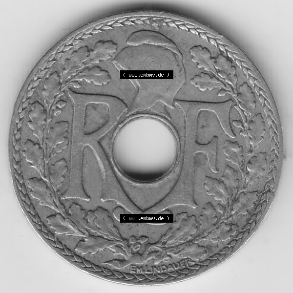 Grau bzw. s/w Münze Frankreich Umlaufmünzen Sammlung in PNG 1917-1938, 10 Centimes - Cmes 1935-2 (1) - Digitales Münzen-Bildmaterial einer französischen Francs Münze aus Frankreich... Sammlung Graustufen