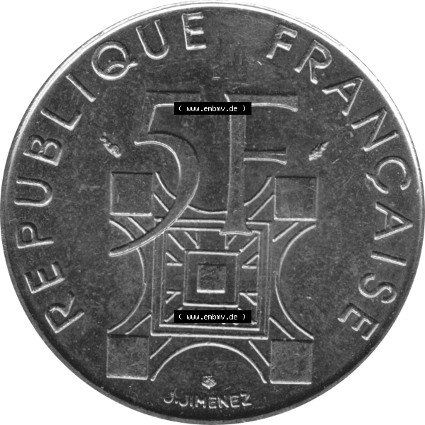 Grau bzw. s/w Münze Frankreich Umlaufmünzen Sammlung in PNG 1989-1989, 5 Francs Franken Eiffelturm 1989-01 (5) - Digitales Münzen-Bildmaterial einer französischen Francs Münze... Sammlung Graustufen
