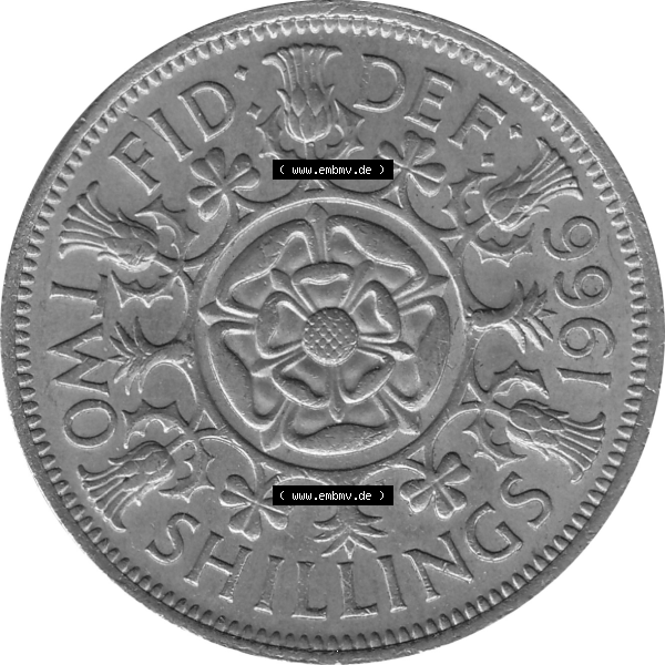 Grau bzw. s/w Münzen Großbritannien Umlaufmünzen Sammlung in PNG Großbritannien 1954-1970, 2 Schilling-Florin, Two Shillings, 1966-01 ELIZABETH II DEI GRATIA REGINA (6)... Sammlung Graustufen
