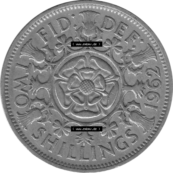 Grau bzw. s/w Münzen Großbritannien Umlaufmünzen Sammlung in PNG Großbritannien 1954-1970, 2 Schilling-Florin, Two Shillings, 1962-01 ELIZABETH II DEI GRATIA REGINA (6)... Sammlung Graustufen