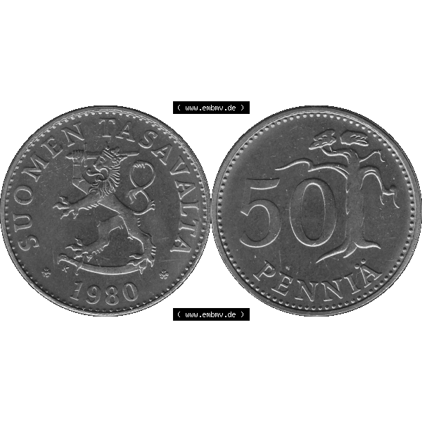Grau bzw. s/w Alte Münzen KMS Finnland, Kursmünzensatz 1980 in Stempelglanz als digitales Computerbild in transparenten PNG 1963-1990, 50 Penny Fünfzig Penniä 1980-01, SUOMEN TASAVALTA.... Sammlung Graustufen