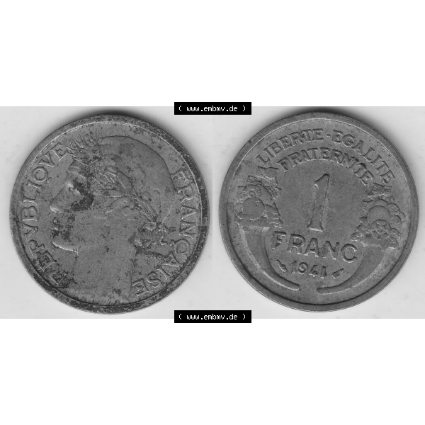 Grau bzw. s/w Münze Frankreich Umlaufmünzen Sammlung in PNG 1931-1941, 1 Franken, 1 Franc, 1941-1 LIBERTE EGALITE FRATERNITE (3) - Digitales Münzen-Bildmaterial einer französischen... Sammlung Graustufen