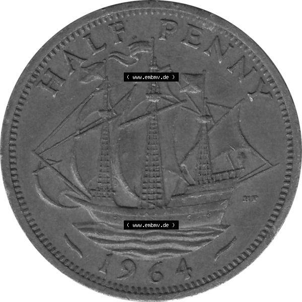 Grau bzw. s/w Münzen Großbritannien Umlaufmünzen Sammlung in PNG Großbritannien 1954-1970, Half Penny, Halber Pence 1964-02, Elisabeth II. (6) - Digitales Münzen-Bildmaterial... Sammlung Graustufen