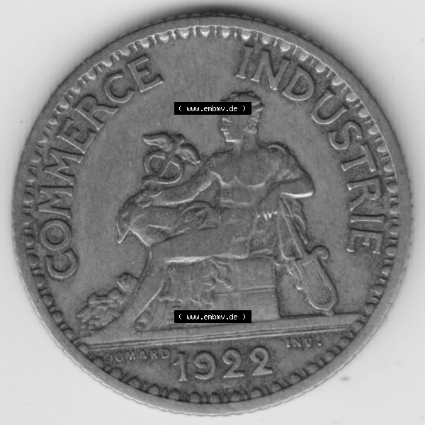 Grau bzw. s/w Münze Frankreich Umlaufmünzen Sammlung in PNG 1920-1927, 1 Francs, Franken 1922 (2) - Digitales Münzen-Bildmaterial einer französischen Francs Münze aus Frankreich... Sammlung Graustufen