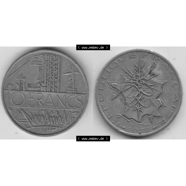 Grau bzw. s/w Münze Frankreich Umlaufmünzen Sammlung in PNG 1974-1987, 10 Franken-Francs 1978 III. (3) - Digitales Münzen-Bildmaterial einer französischen Francs Münze... Sammlung Graustufen