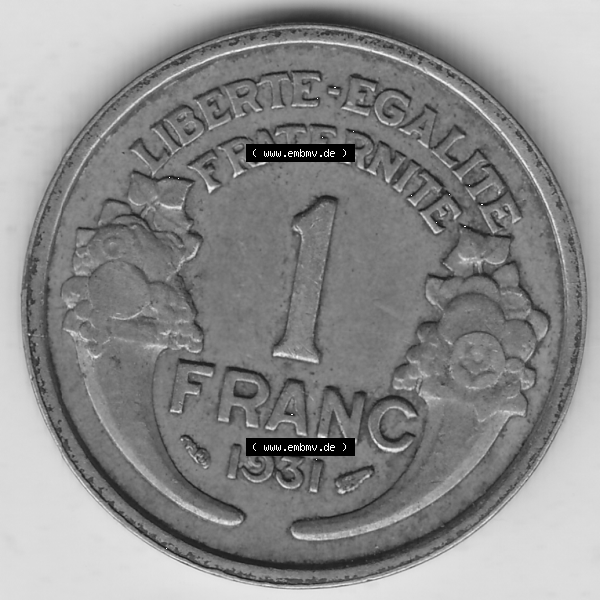 Grau bzw. s/w Münze Frankreich Umlaufmünzen Sammlung in PNG 1931-1941, 1 Franken, 1 Franc, 1931-1 LIBERTE EGALITE FRATERNITE (2) - Digitales Münzen-Bildmaterial einer französischen... Sammlung Graustufen