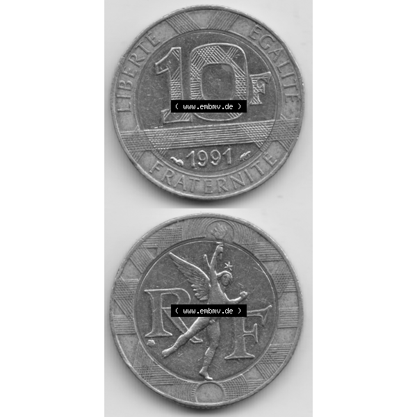 Grau bzw. s/w Münze Frankreich Umlaufmünzen Sammlung in PNG 1991, 10 Francs (4) - Digitales Münzen-Bildmaterial einer französischen Francs Münze aus Frankreich in farbige mit... Sammlung Graustufen